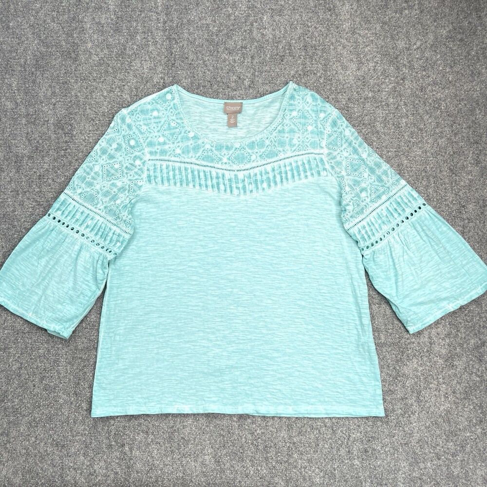 Chicos Top Sz 2 Womens Large Slub Cotton Lace Yoke Bell Sleeve Aqua Blue